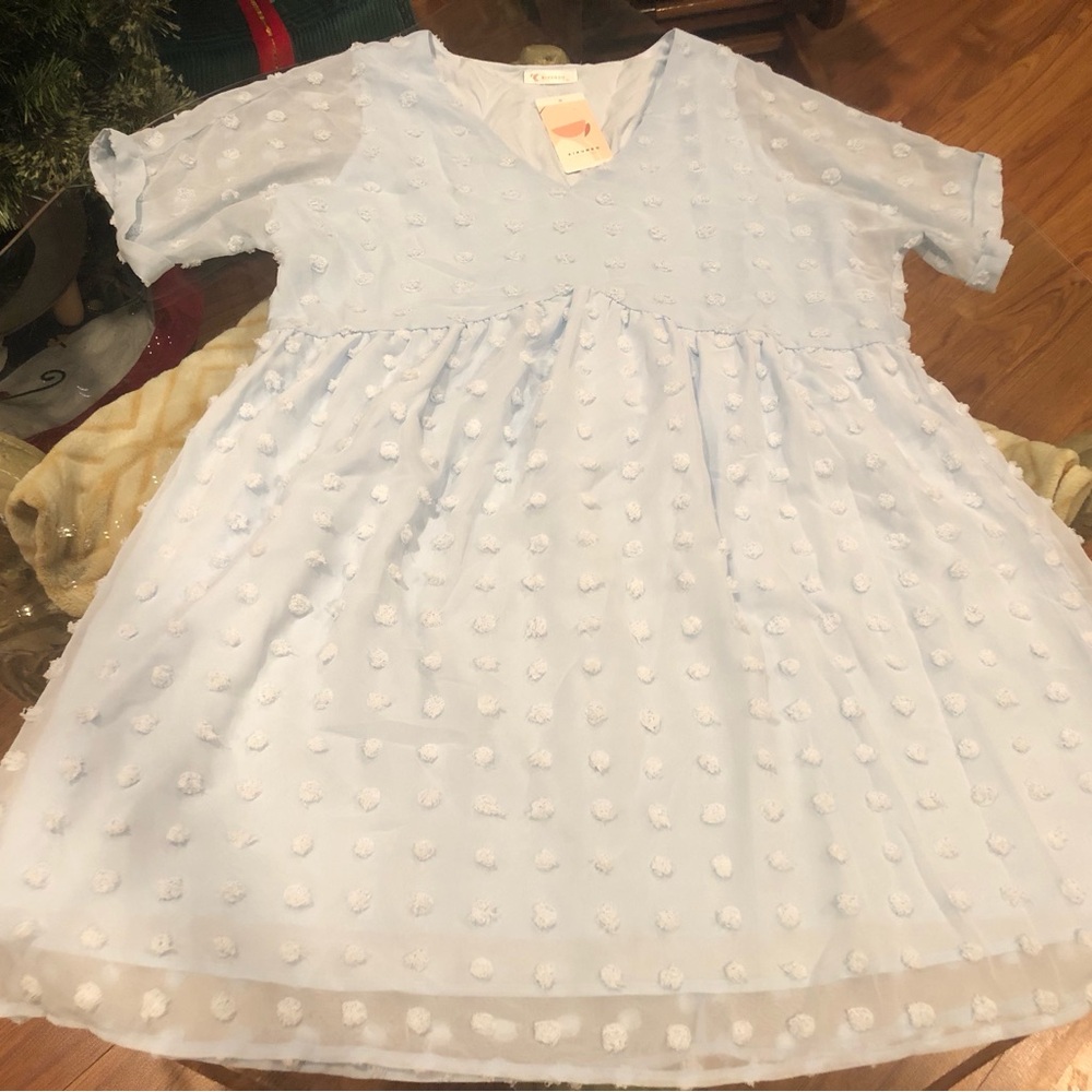 Kirundo Light Blue Swiss Dot Babydoll Mini Dress - V-Neck NWT